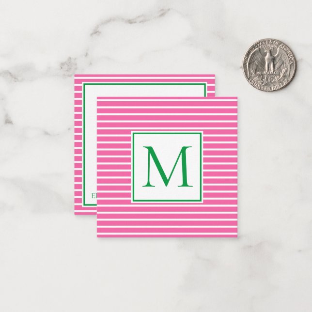 Preppy Pink and White Stripe With Green Monogram Note Card (Front/Back In Situ)