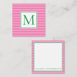 Preppy Pink and White Stripe With Green Monogram Note Card