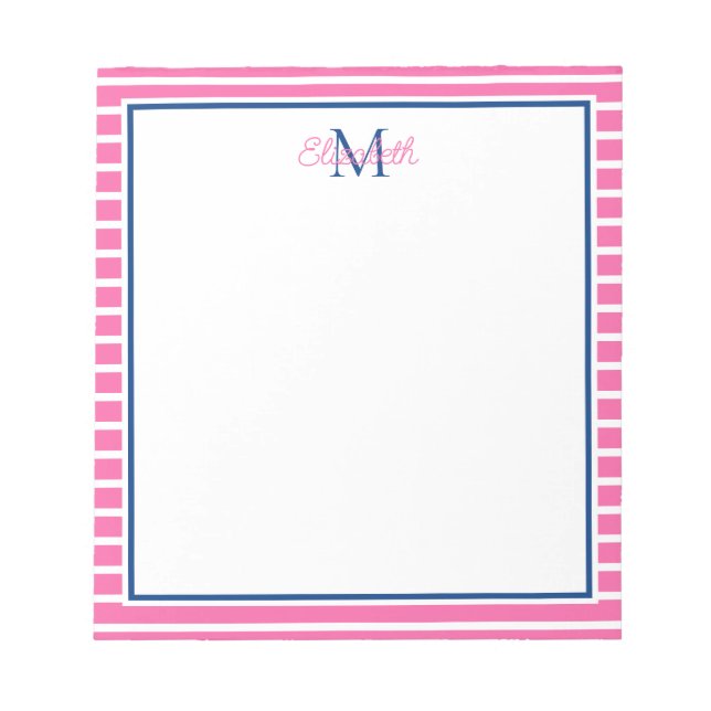 Preppy Pink and White Stripe With Navy Monogram Notepad (Front)