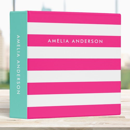 Preppy Pink and White Stripes with Turquoise Side 3 Ring Binder
