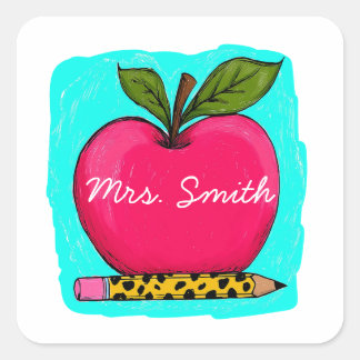 Preppy Pink Apple Teacher Name Sticker