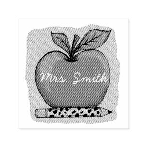 Preppy Pink Apple Teacher Name Sticker Self-inking Stamp