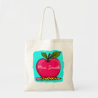 Preppy Pink Apple Teacher Name Sticker Tote Bag