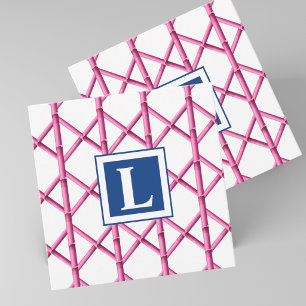 Preppy Pink Bamboo Trellis Monogram Note Card