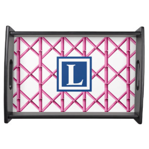 Preppy Pink Bamboo Trellis Monogram Serving Tray