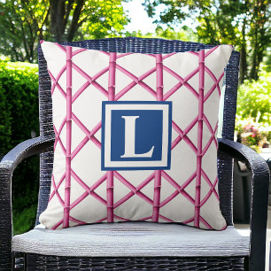 Preppy Pink Bamboo Trellis Monogram Throw Pillow