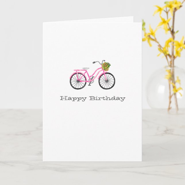 Preppy Pink Bicycle Happy Birthday NAME Flowers Card (Yellow Flower)