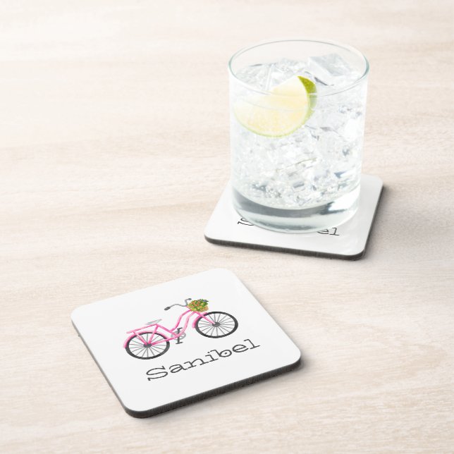 Preppy Pink Bicycle LOCATION Name Summer Fun Beverage Coaster (Right Side)