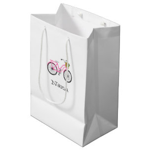 Preppy Pink Bicycle NAME Flower Basket Summer Fun  Medium Gift Bag