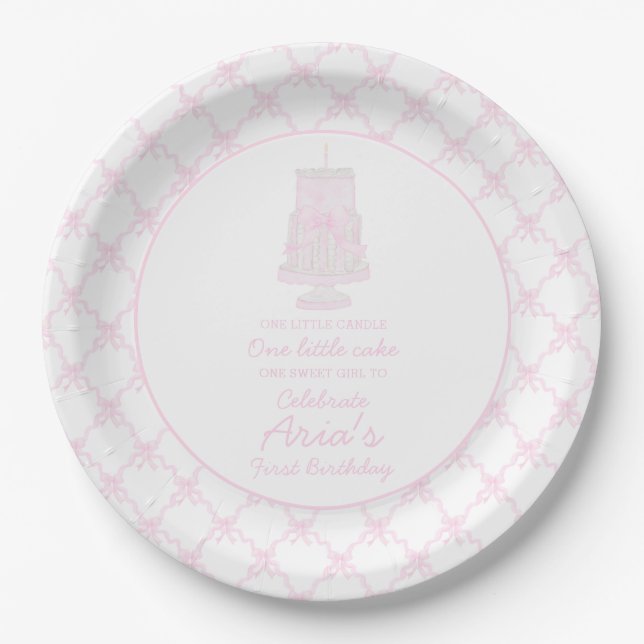 Preppy Pink Birthday Cake First birthday Editable Paper Plates (Front)