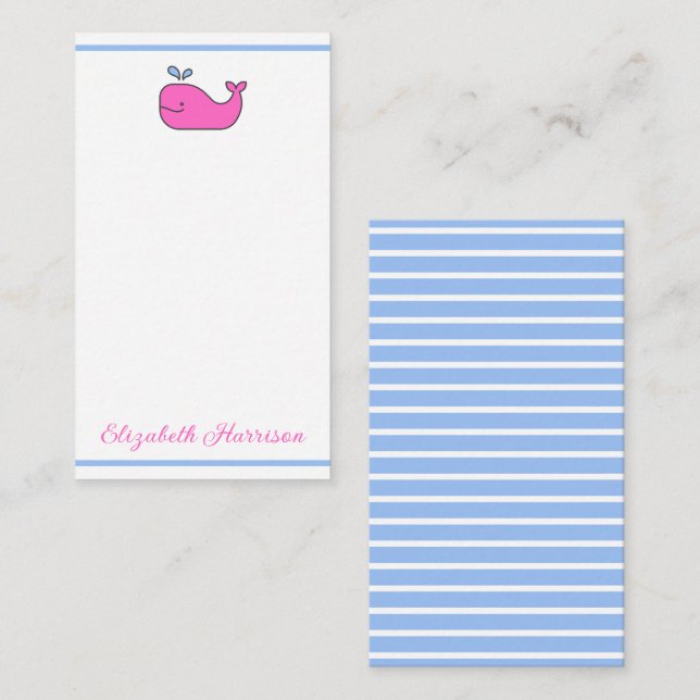 Preppy Pink Blue and White Whale Personalized Note Card (Front/Back)