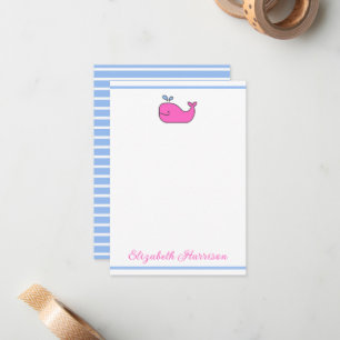 Preppy Pink Blue and White Whale Personalized Note Card