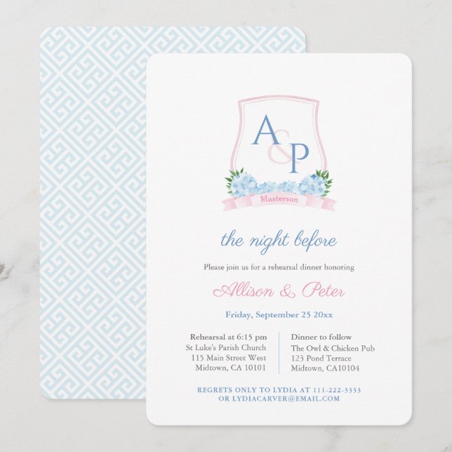 Preppy Pink Blue Crest Wedding Rehearsal Dinner Invitation (Front/Back)