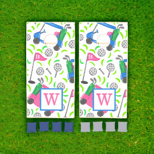 Preppy Pink Blue Golf Cart Monogram Cornhole Set