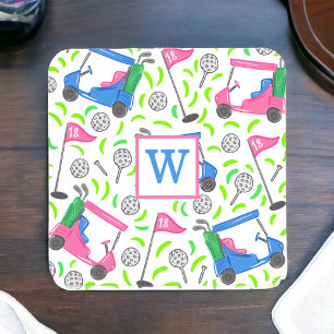 Preppy Pink & Blue Golf Cart Monogram Golfer Beverage Coaster