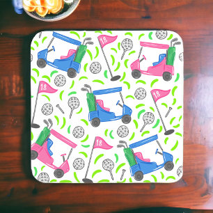 Preppy Pink & Blue Golf Cart Pattern Beverage Coaster