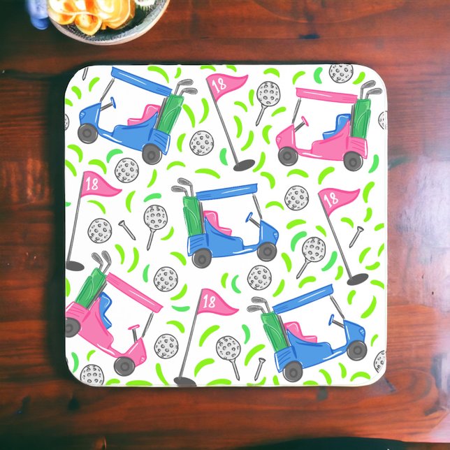 Preppy Pink & Blue Golf Cart Pattern  Beverage Coaster (Creator Uploaded)