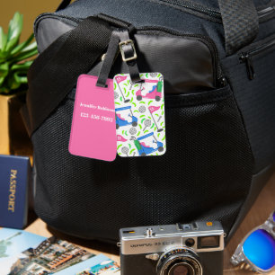 Preppy Pink & Blue Golf Cart Pattern Luggage Tag