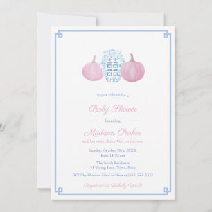 Preppy Pink & Blue Pumpkin Girl Baby Shower Party Invitation