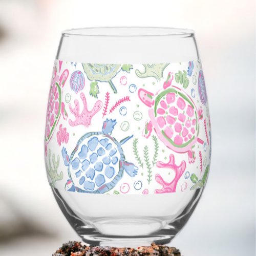 Preppy Pink Blue Sea Turtles  Stemless Wine Glass