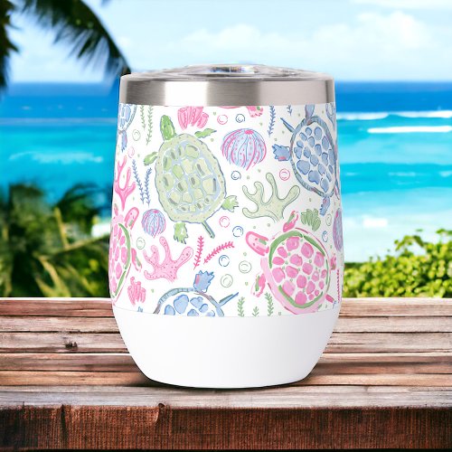 Preppy Pink Blue Sea Turtles  Thermal Wine Tumbler