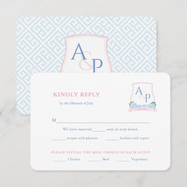 Preppy Pink Blue Wedding Crest Meal Choice RSVP Enclosure Card (Front/Back)