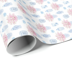 Preppy Pink Blue White Ginger Jar Chinese Pottery Wrapping Paper
