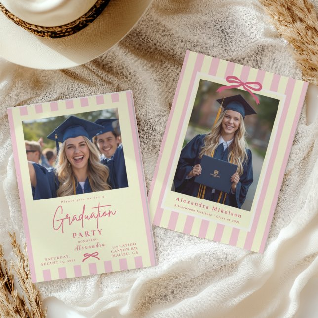 Preppy Pink Bow 2 Photo Graduation Invitation (Creator Uploaded)