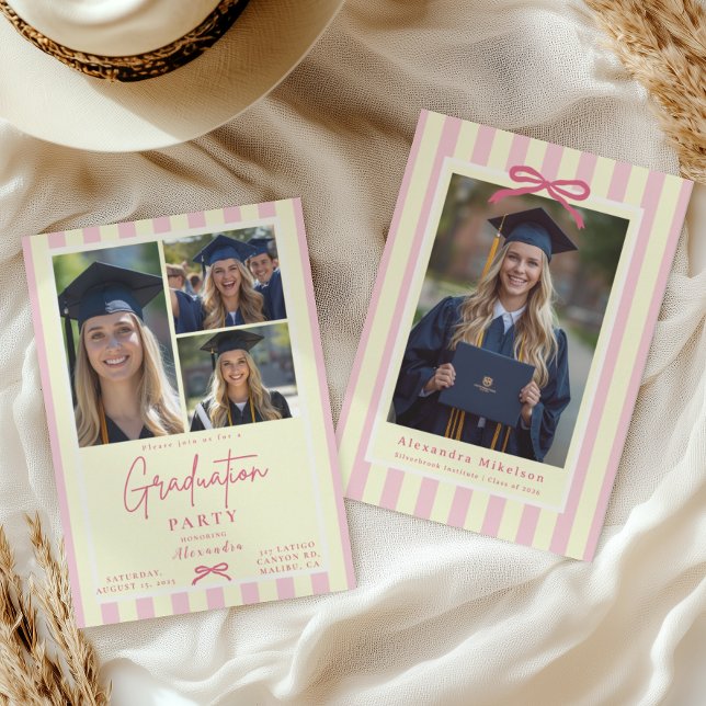 Preppy Pink Bow 4 Photo Graduation Invitation (Creator Uploaded)