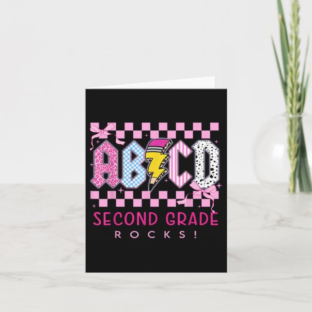 Preppy Pink Bow Abcd Second Grade Rocks Pencil Lig Card (Front)