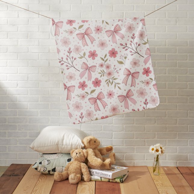 Preppy Pink Bow and Flowers Baby Blanket (In Situ)