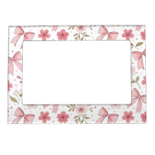 Preppy Pink Bow and Flowers Magnetic Frame