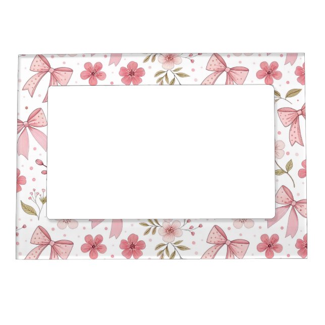 Preppy Pink Bow and Flowers Magnetic Frame (Front)