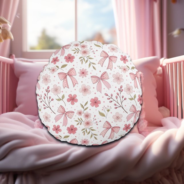 Preppy Pink Bow and Flowers Round Pillow (Creator Uploaded)