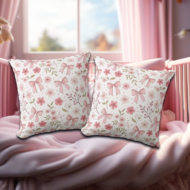 Preppy Pink Bow and Flowers Throw Pillow (Creator Uploaded)