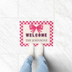 Preppy Pink Bow Checkerboard Welcome Doormat