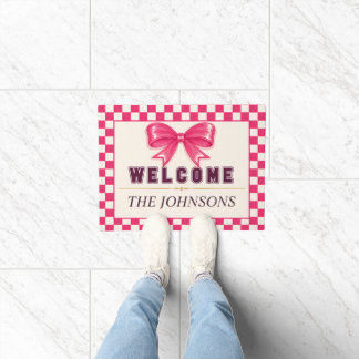 Preppy Pink Bow Checkerboard Welcome Doormat