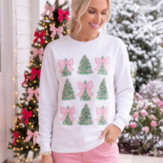 Preppy Pink Bow Christmas Trees Sweatshirt