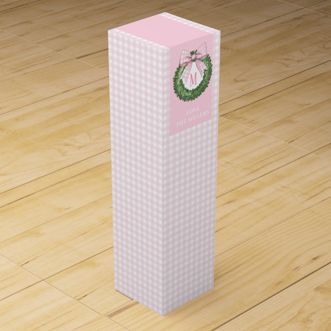 Preppy Pink Bow Christmas Wreath Wine Gift Box (Front)