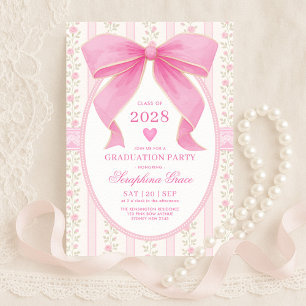Preppy Pink Bow Cottagecore Graduation Party Invitation