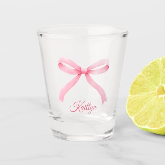 Preppy Pink Bow Custom Name Bachelorette Favor Shot Glass (Front)