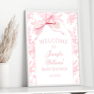 Preppy Pink Bow Floral Baby Girl Shower Welcome Poster