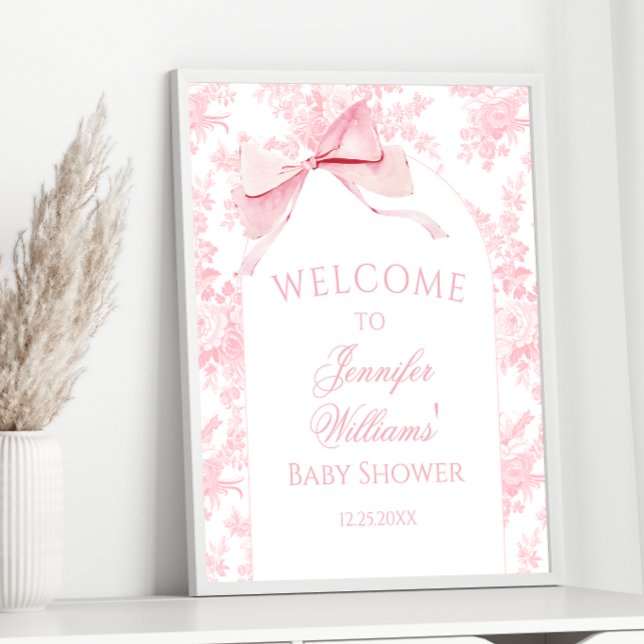 Preppy Pink Bow Floral Baby Girl Shower Welcome Poster (Creator Uploaded)