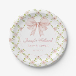 Preppy Pink Bow Floral Spring Baby Girl Shower Paper Plates
