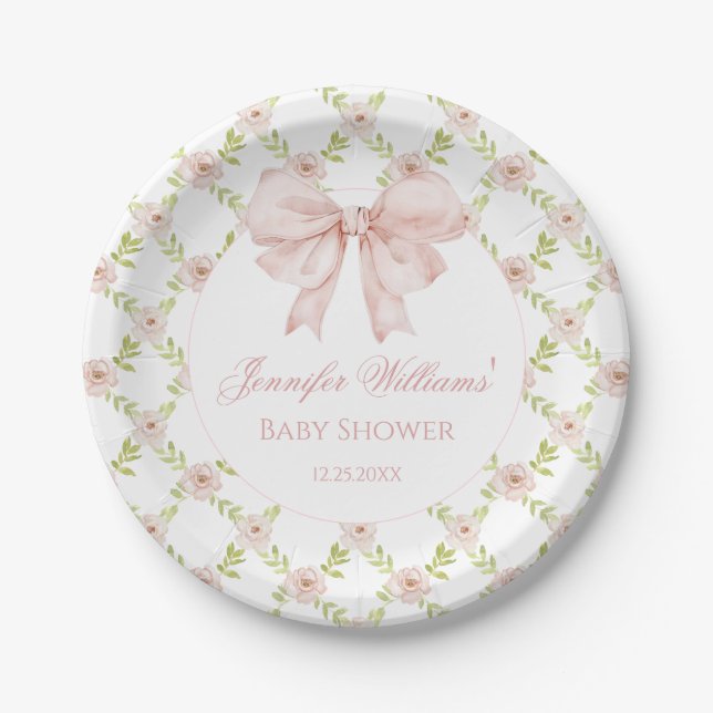Preppy Pink Bow Floral Spring Baby Girl Shower Paper Plates (Front)
