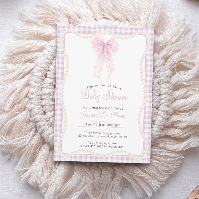 Preppy pink bow gingham grandmillenial baby shower invitation (Creator Uploaded)