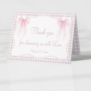 Preppy pink bow gingham grandmillenial baby shower letterpress thank you card