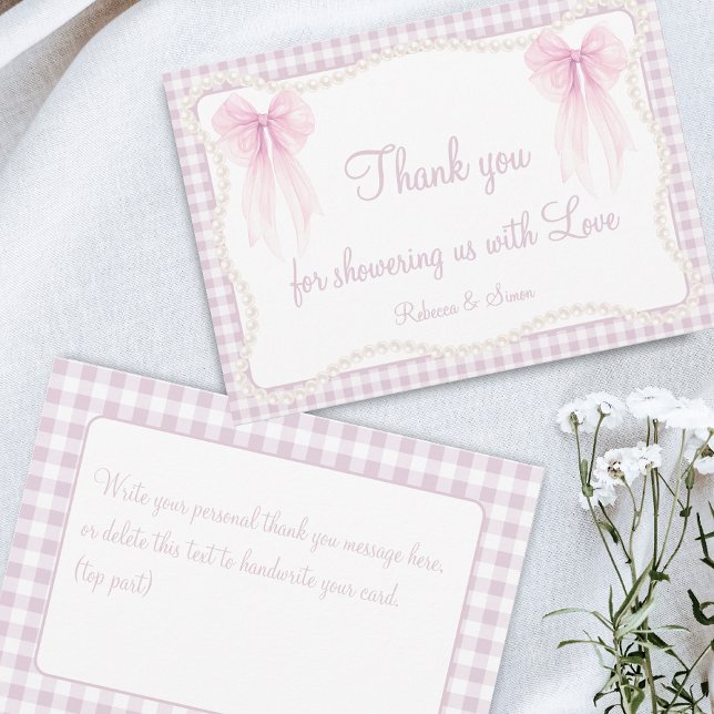 Preppy pink bow gingham grandmillenial baby shower thank you card (Creator Uploaded)