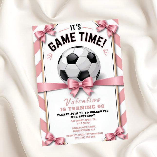 Preppy Pink Bow Girl Soccer Game Time Birthday Invitation (Creator Uploaded)