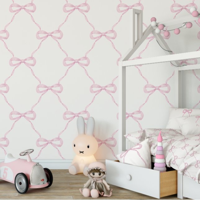 Preppy Pink Bow Grand Millennial Wallpaper (Wallpaper with matching duvet cover and pillow)